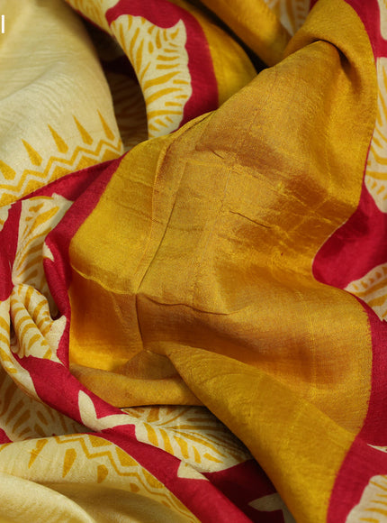 Bishnupuri silk saree pale yellow and red with butta prints and printed border