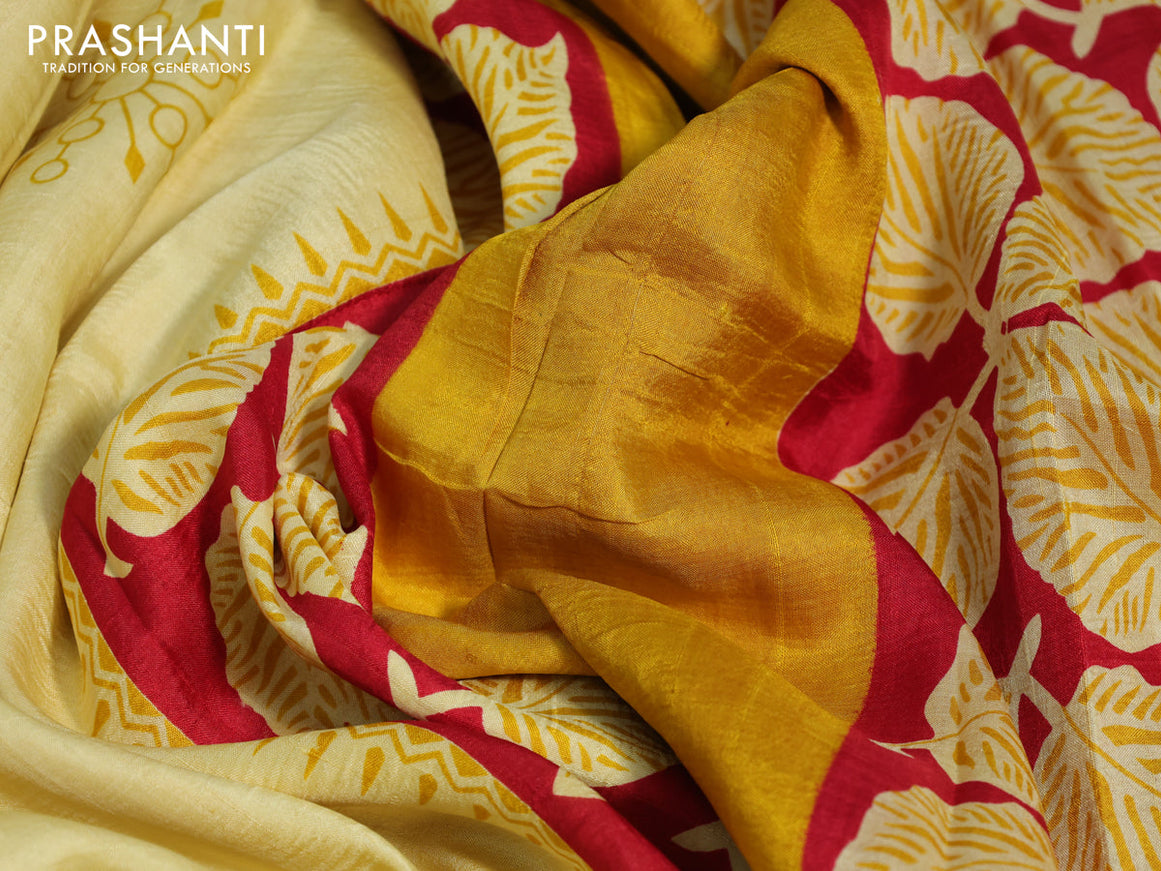 Bishnupuri silk saree pale yellow and red with butta prints and printed border