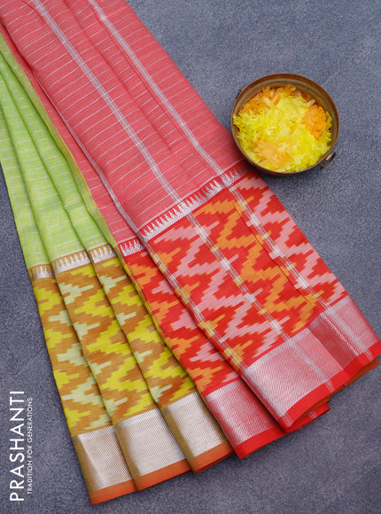 Semi mangalgiri silk saree light green and red with allover silver zari checked pattern and long silver zari ikat style border