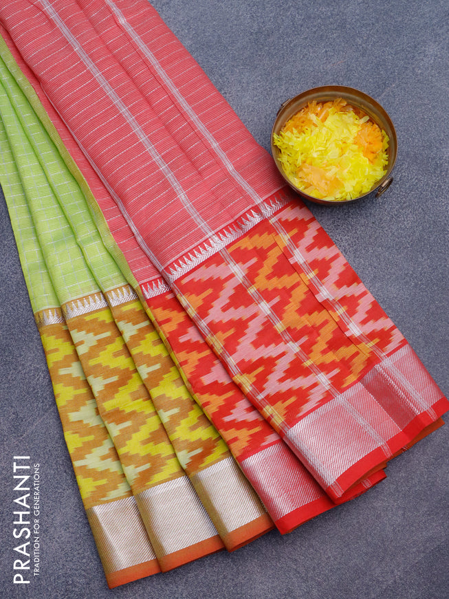 Semi mangalgiri silk saree light green and red with allover silver zari checked pattern and long silver zari ikat style border