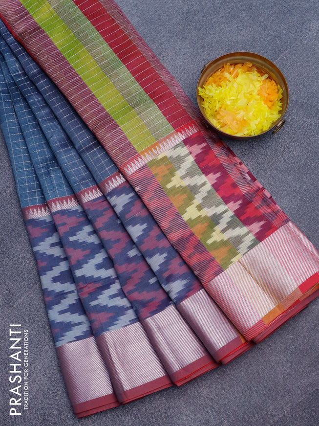 Semi mangalgiri silk saree grey and multi colour with allover silver zari checked pattern and long silver zari ikat style border