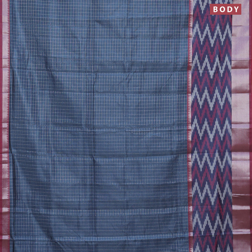 Semi mangalgiri silk saree grey and multi colour with allover silver zari checked pattern and long silver zari ikat style border