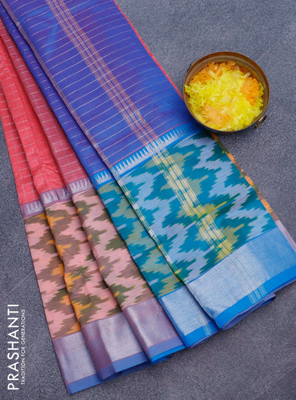 Semi mangalgiri silk saree pink and cs blue with allover silver zari checked pattern and long silver zari ikat style border