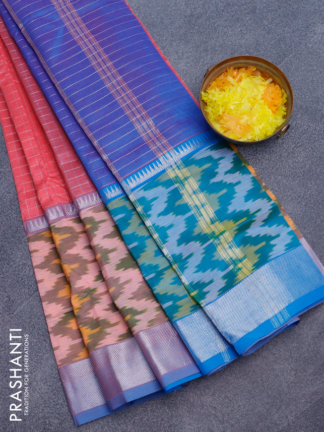 Semi mangalgiri silk saree pink and cs blue with allover silver zari checked pattern and long silver zari ikat style border