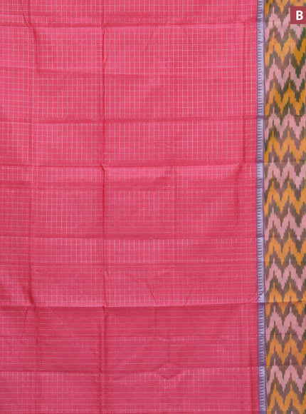 Semi mangalgiri silk saree pink and cs blue with allover silver zari checked pattern and long silver zari ikat style border