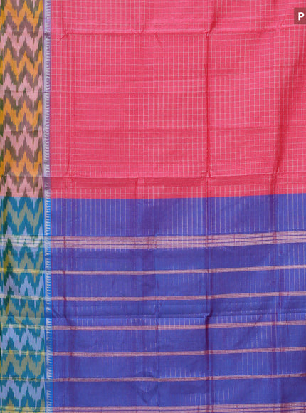 Semi mangalgiri silk saree pink and cs blue with allover silver zari checked pattern and long silver zari ikat style border