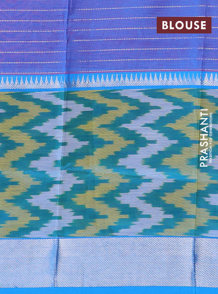 Semi mangalgiri silk saree pink and cs blue with allover silver zari checked pattern and long silver zari ikat style border