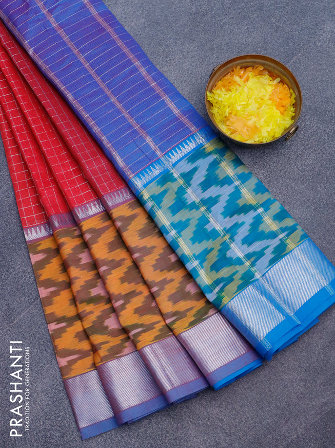 Semi mangalgiri silk saree pink and cs blue with allover silver zari checked pattern and long silver zari ikat style border