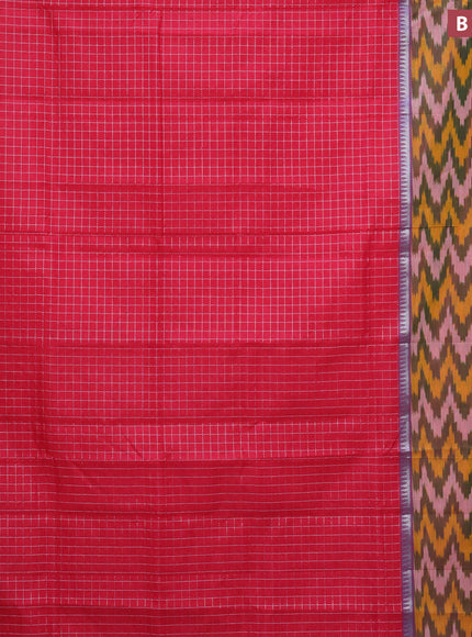 Semi mangalgiri silk saree pink and cs blue with allover silver zari checked pattern and long silver zari ikat style border