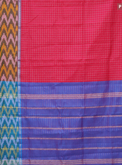 Semi mangalgiri silk saree pink and cs blue with allover silver zari checked pattern and long silver zari ikat style border