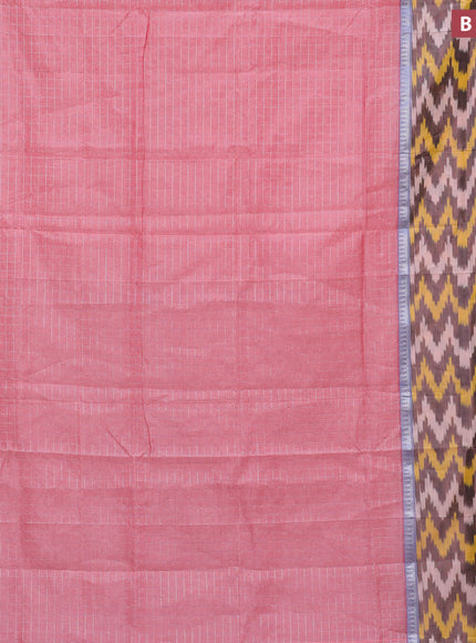 Semi mangalgiri silk saree peach pink and cs blue with allover silver zari checked pattern and long silver zari ikat style border