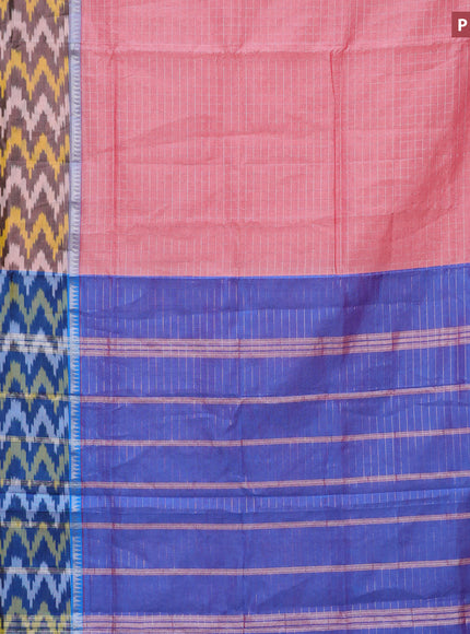 Semi mangalgiri silk saree peach pink and cs blue with allover silver zari checked pattern and long silver zari ikat style border