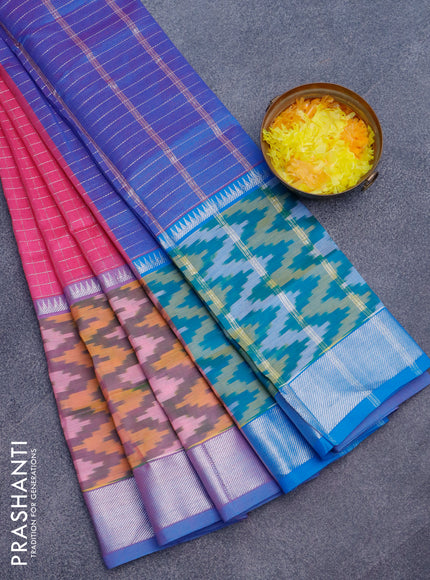 Semi mangalgiri silk saree pink and cs blue with allover silver zari checked pattern and long silver zari ikat style border