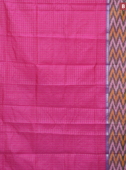 Semi mangalgiri silk saree pink and cs blue with allover silver zari checked pattern and long silver zari ikat style border