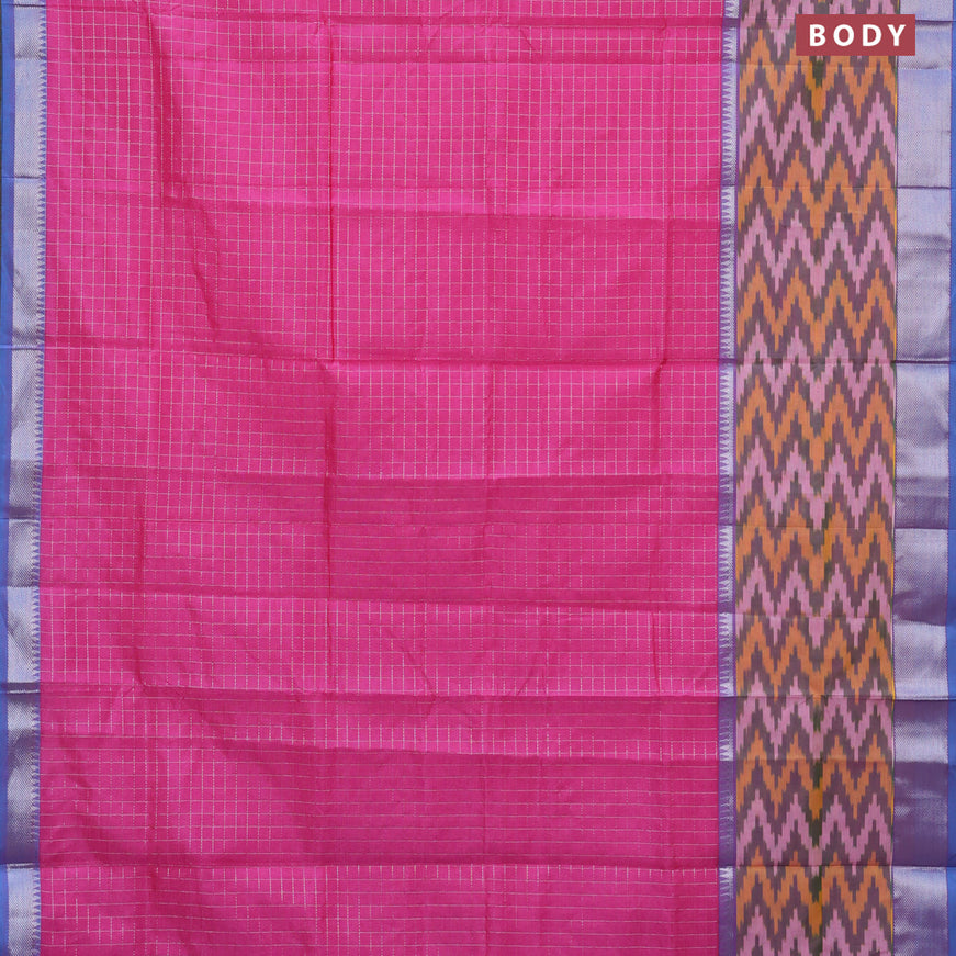 Semi mangalgiri silk saree pink and cs blue with allover silver zari checked pattern and long silver zari ikat style border