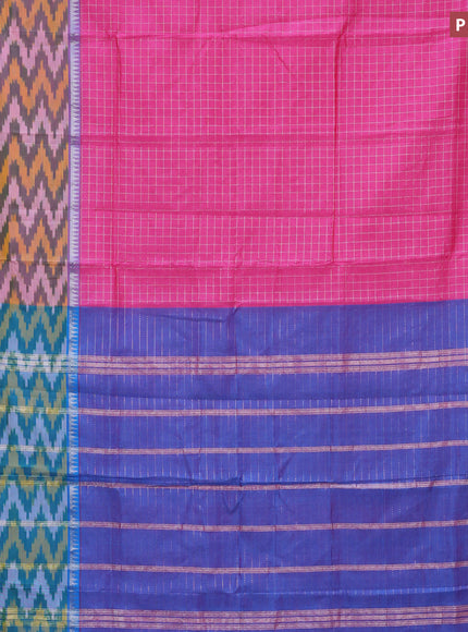 Semi mangalgiri silk saree pink and cs blue with allover silver zari checked pattern and long silver zari ikat style border