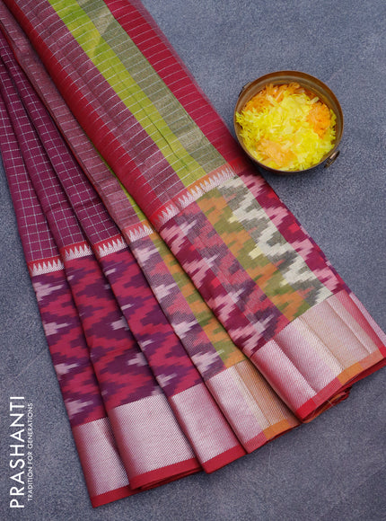 Semi mangalgiri silk saree wine shade and maroon with allover silver zari checked pattern and long silver zari ikat style border