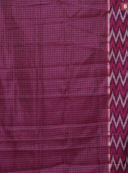 Semi mangalgiri silk saree wine shade and maroon with allover silver zari checked pattern and long silver zari ikat style border