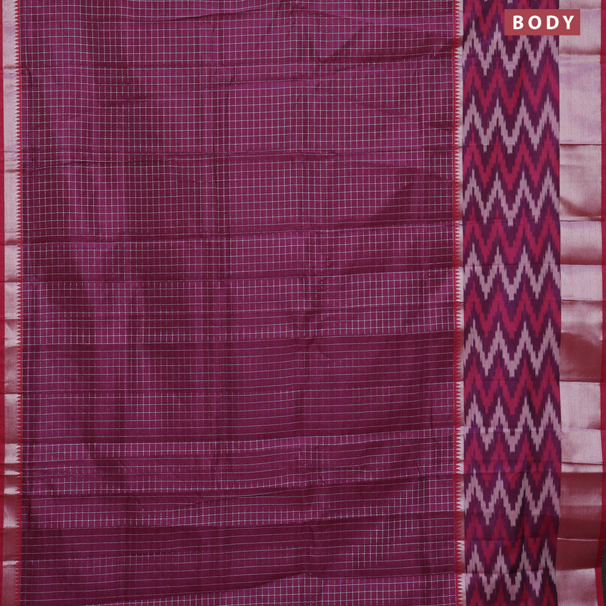 Semi mangalgiri silk saree wine shade and maroon with allover silver zari checked pattern and long silver zari ikat style border