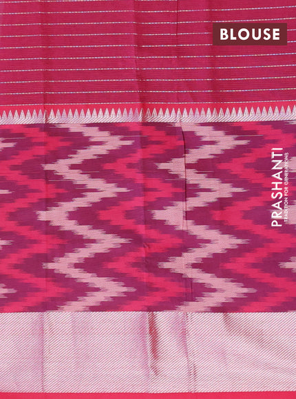 Semi mangalgiri silk saree wine shade and maroon with allover silver zari checked pattern and long silver zari ikat style border