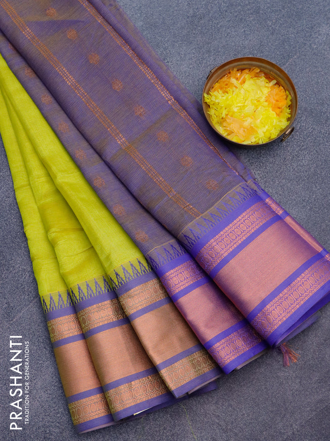 Semi mangalgiri silk saree lime yellow and dual shade of blue with plain body and temple design copper zari woven border