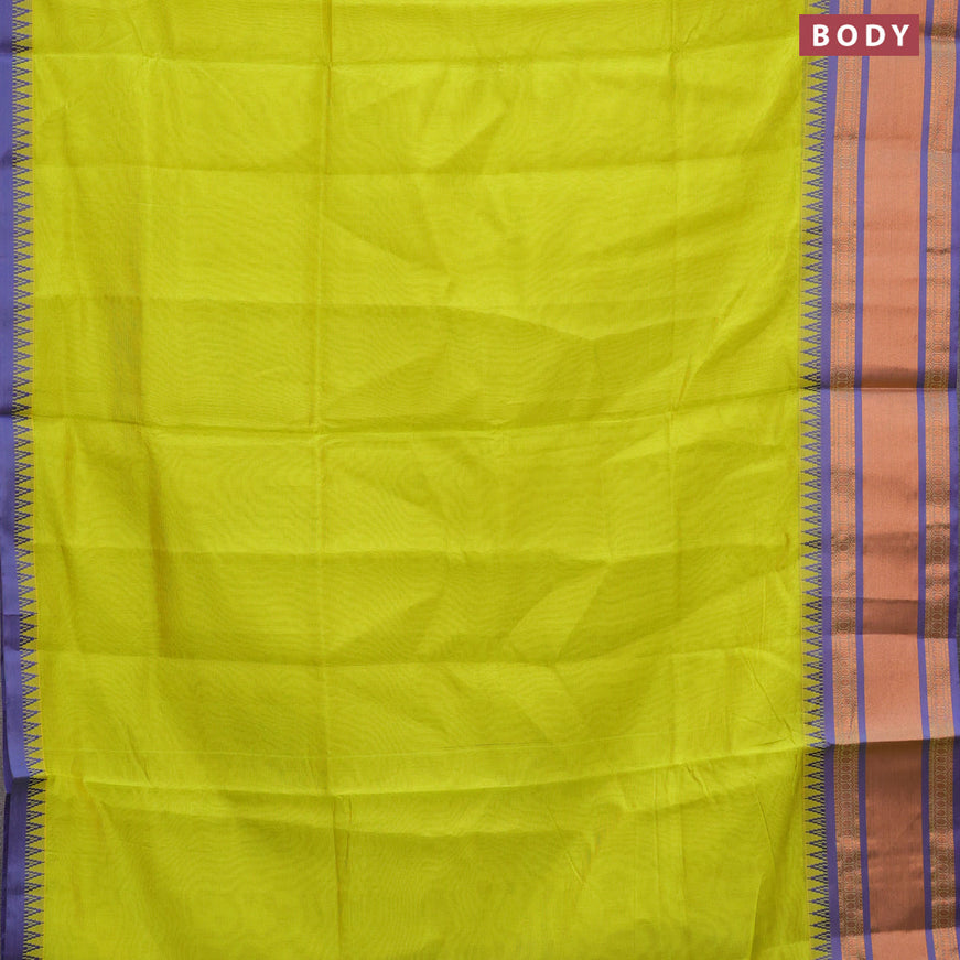 Semi mangalgiri silk saree lime yellow and dual shade of blue with plain body and temple design copper zari woven border