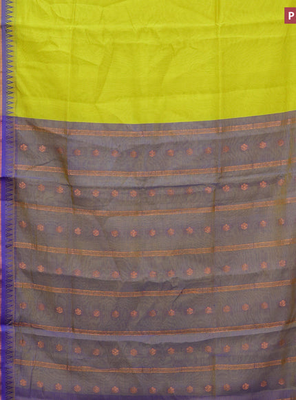 Semi mangalgiri silk saree lime yellow and dual shade of blue with plain body and temple design copper zari woven border