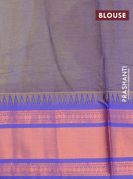 Semi mangalgiri silk saree lime yellow and dual shade of blue with plain body and temple design copper zari woven border