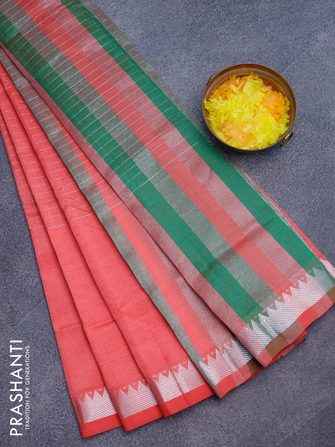 Semi mangalgiri silk saree red shade and green with allover silver zari checked pattern and silver zari woven border