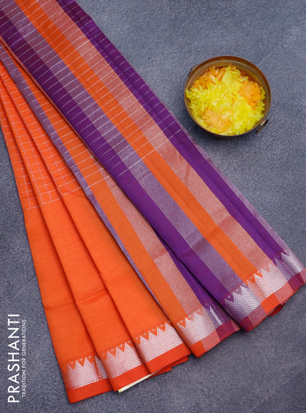 Semi mangalgiri silk saree orange and dual shade of blue with allover silver zari checked pattern and silver zari woven border