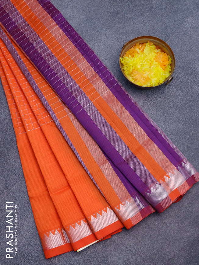 Semi mangalgiri silk saree orange and dual shade of blue with allover silver zari checked pattern and silver zari woven border