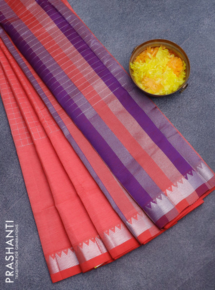 Semi mangalgiri silk saree red shade and dual shade of blue with allover silver zari checked pattern and silver zari woven border