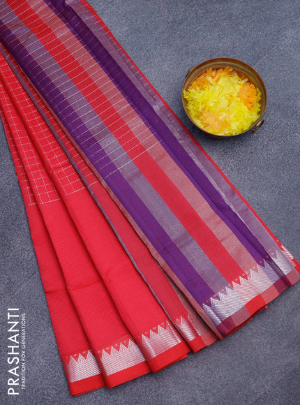 Semi mangalgiri silk saree pink and blue with allover silver zari checked pattern and silver zari woven border