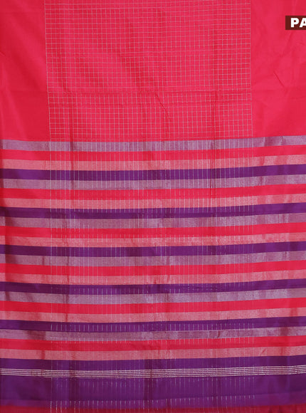 Semi mangalgiri silk saree pink and blue with allover silver zari checked pattern and silver zari woven border