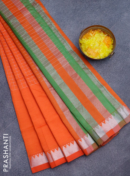 Semi mangalgiri silk saree orange and green with allover silver zari checked pattern and silver zari woven border