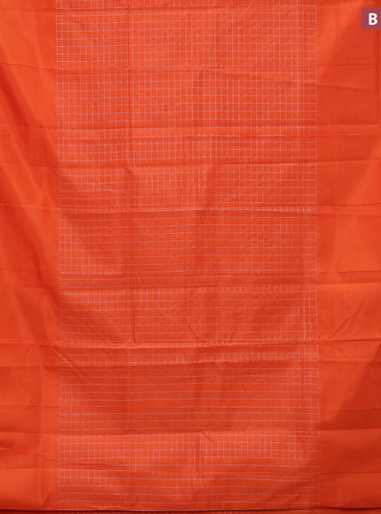 Semi mangalgiri silk saree orange and green with allover silver zari checked pattern and silver zari woven border