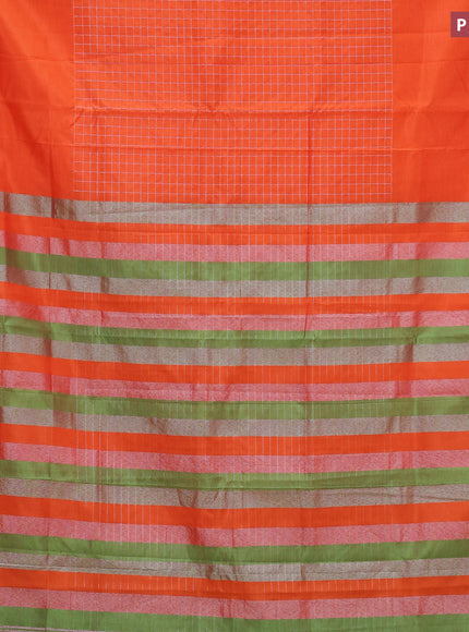 Semi mangalgiri silk saree orange and green with allover silver zari checked pattern and silver zari woven border