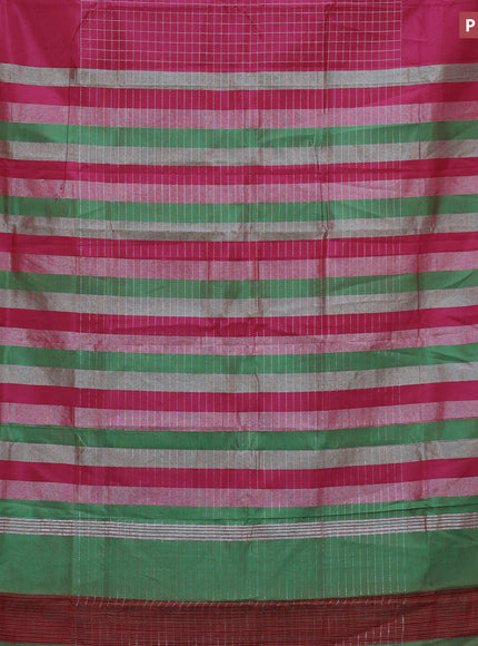 Semi mangalgiri silk saree dark magenta pink and green with allover silver zari checked pattern and silver zari woven border