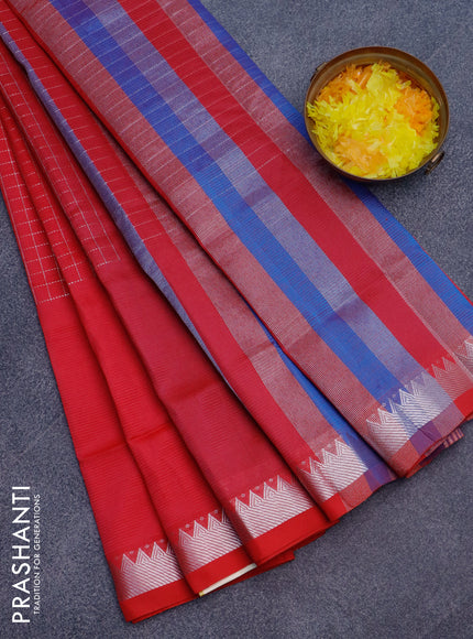 Semi mangalgiri silk saree dual shade of pink and dual shade of cs blue with allover silver zari checked pattern and silver zari woven border