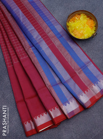 Semi mangalgiri silk saree dark magenta pink and cs blue with allover silver zari checked pattern and silver zari woven border