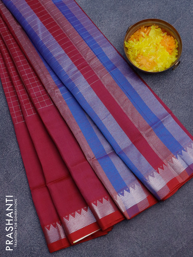 Semi mangalgiri silk saree dark magenta pink and cs blue with allover silver zari checked pattern and silver zari woven border