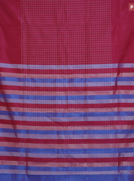 Semi mangalgiri silk saree dark magenta pink and cs blue with allover silver zari checked pattern and silver zari woven border