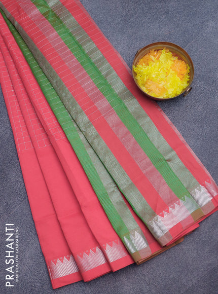 Semi mangalgiri silk saree red and green with allover silver zari checked pattern and silver zari woven border