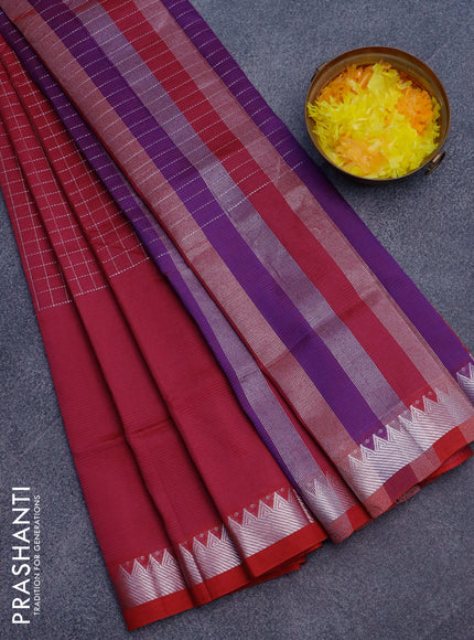 Semi mangalgiri silk saree dark magenta pink with allover silver zari checked pattern and silver zari woven border