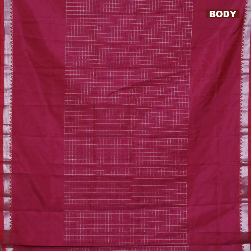 Semi mangalgiri silk saree dark magenta pink with allover silver zari checked pattern and silver zari woven border