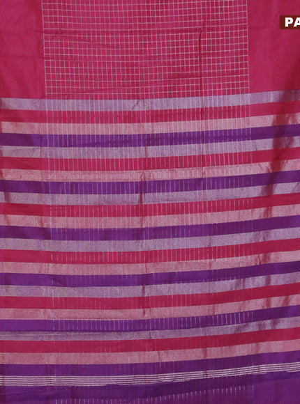 Semi mangalgiri silk saree dark magenta pink with allover silver zari checked pattern and silver zari woven border