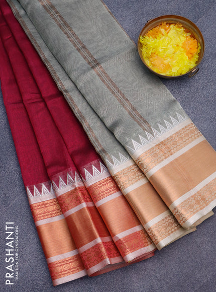 Semi mangalgiri silk saree magenta pink and grey shade with plain body and temple design copper zari woven border