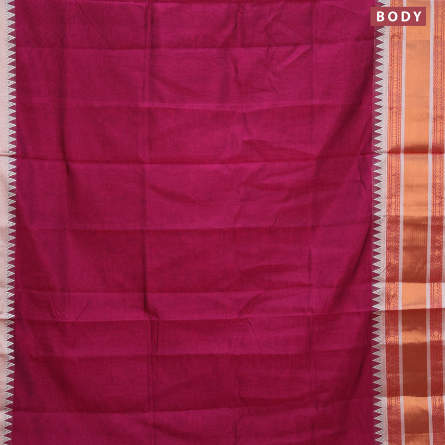 Semi mangalgiri silk saree magenta pink and grey shade with plain body and temple design copper zari woven border