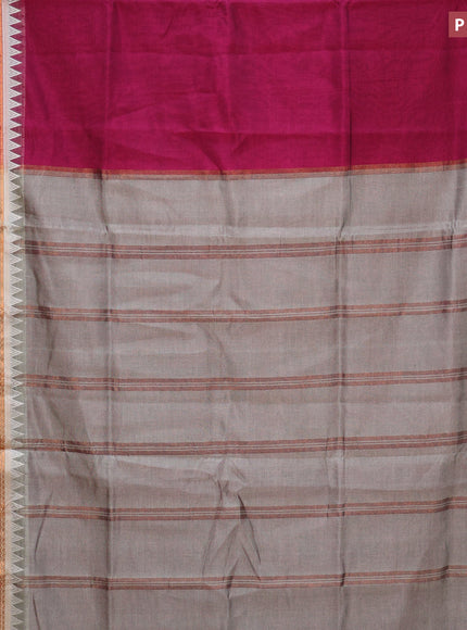 Semi mangalgiri silk saree magenta pink and grey shade with plain body and temple design copper zari woven border