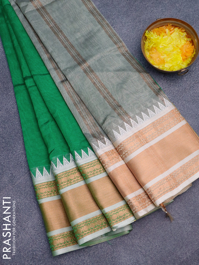 Semi mangalgiri silk saree green and grey with plain body and temple design copper zari woven border